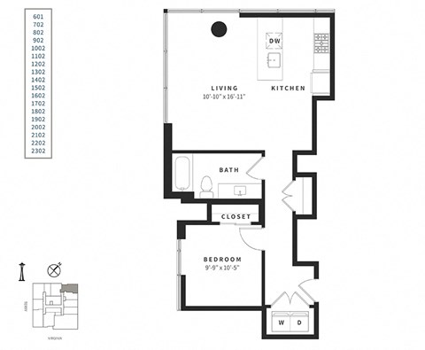 Floor plan for 1 bed, 1 bath, 752 sqft